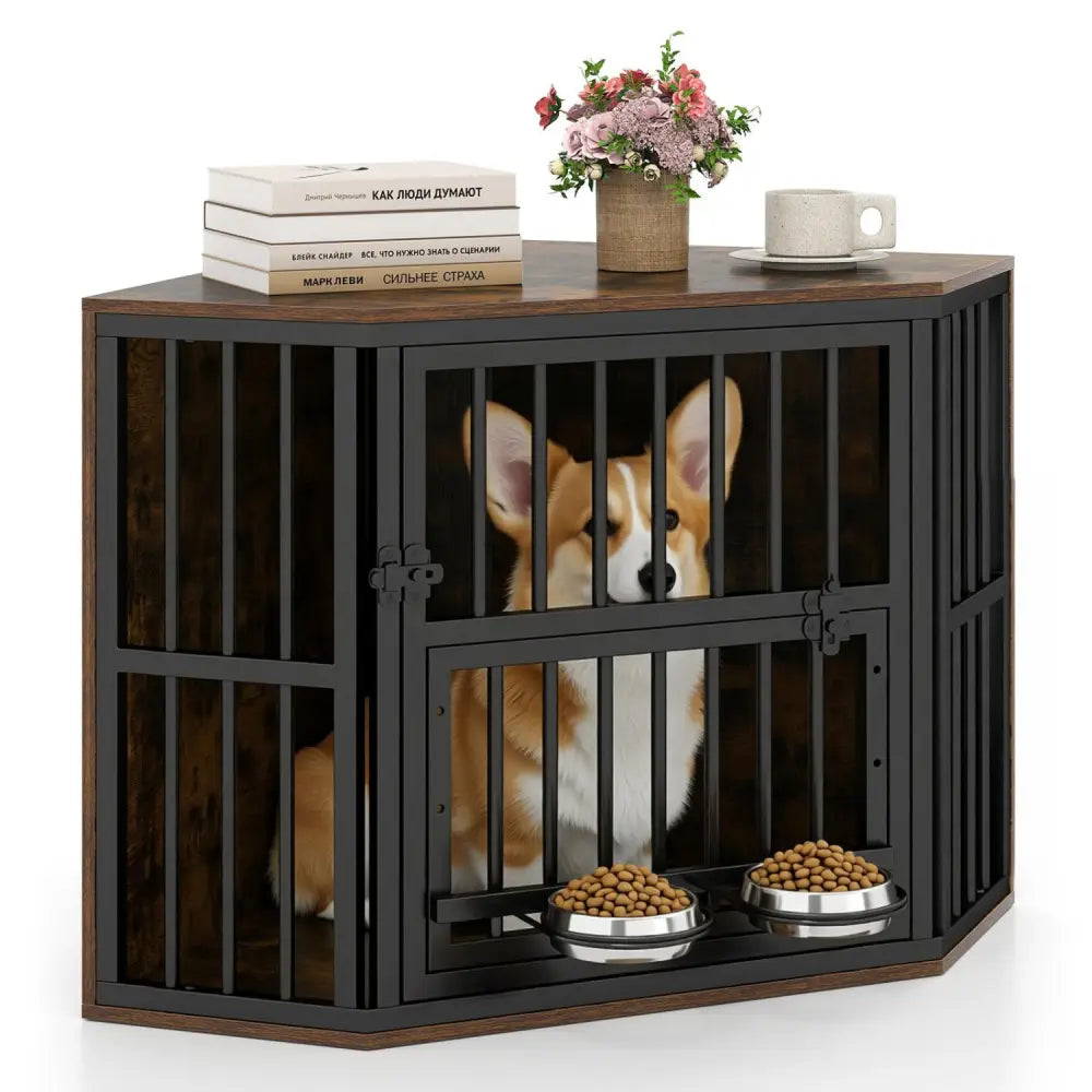 35.5 inches Wooden Dog Kennel End Table with 3-Position Dog Bowl Rack-Rustic Brown - Rustic Brown - Dog Kennels