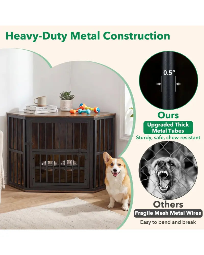 35.5 inches Wooden Dog Kennel End Table with 3-Position Dog Bowl Rack-Rustic Brown - Rustic Brown - Dog Kennels