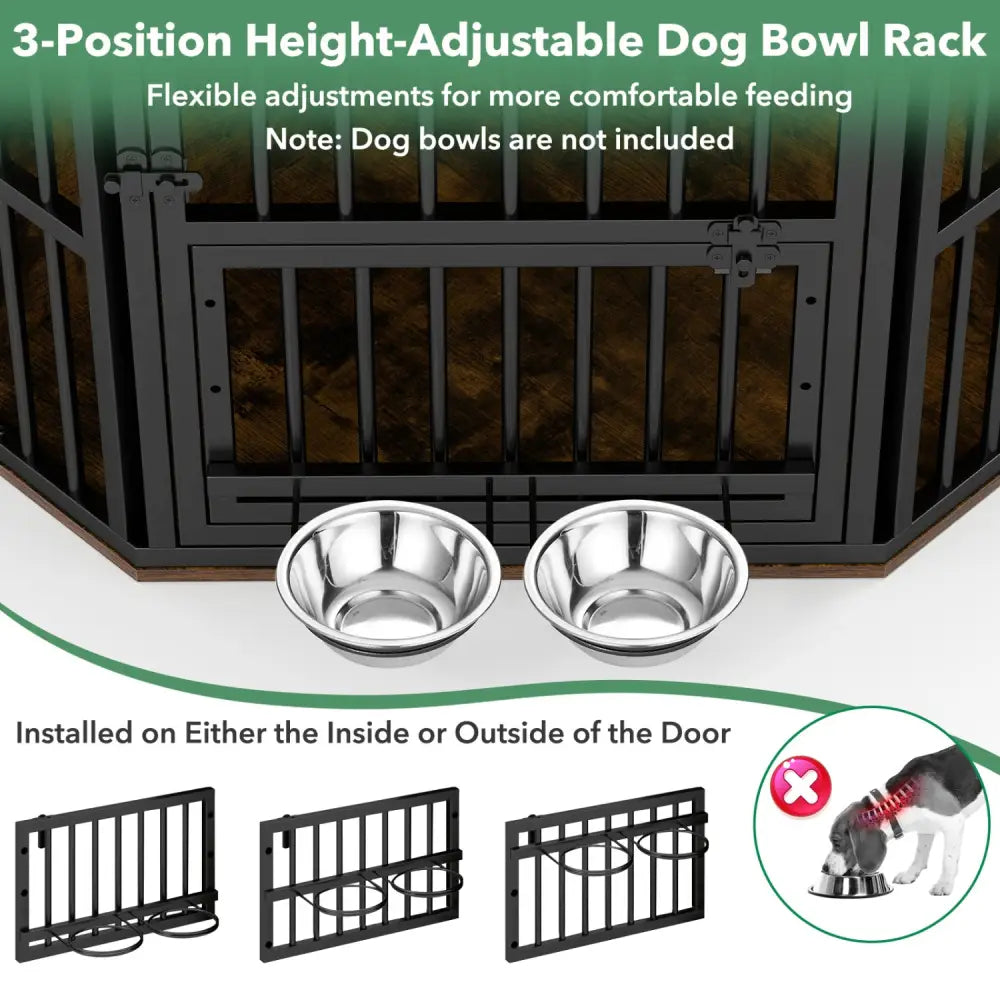 35.5 inches Wooden Dog Kennel End Table with 3-Position Dog Bowl Rack-Rustic Brown - Rustic Brown - Dog Kennels