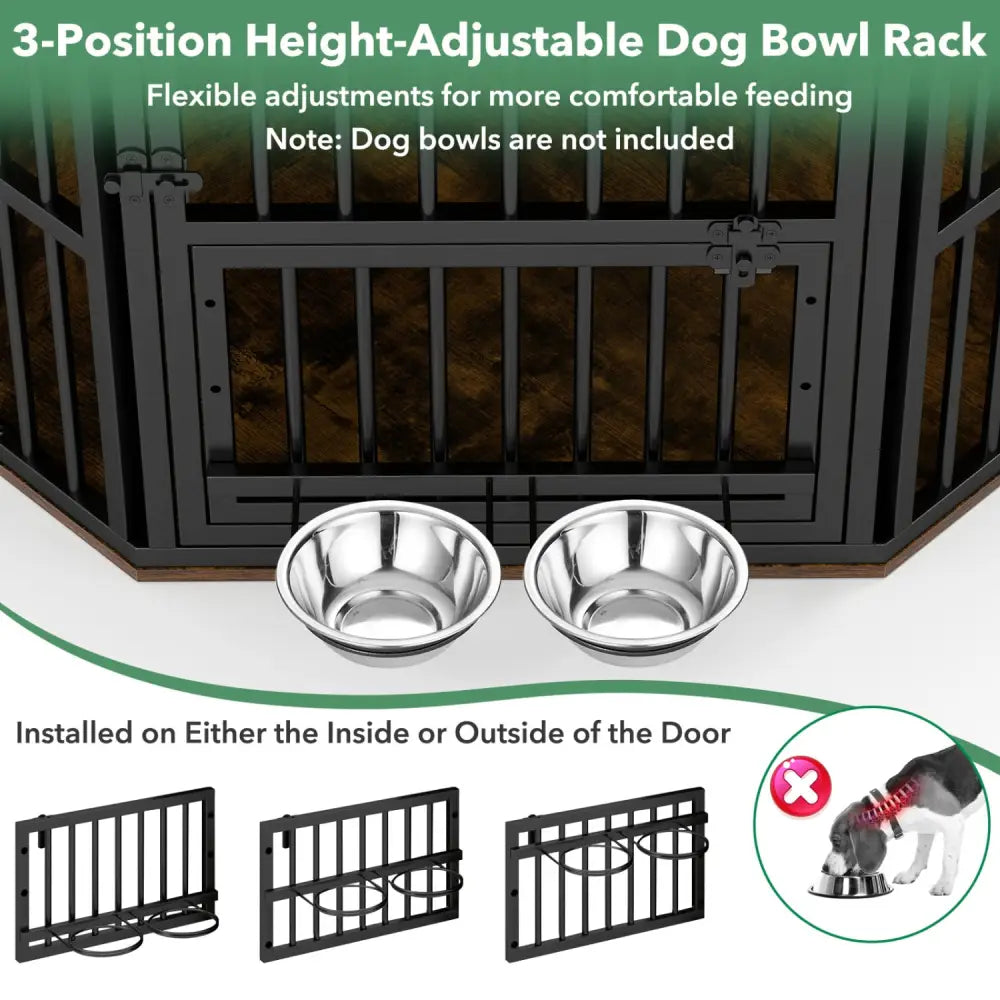 35.5 inches Wooden Dog Kennel End Table with 3-Position Dog Bowl Rack-Rustic Brown - Rustic Brown - Dog Kennels