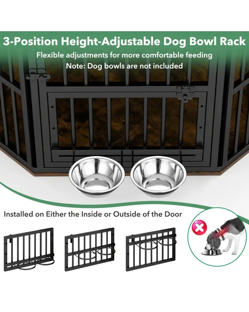 35.5 inches Wooden Dog Kennel End Table with 3-Position Dog Bowl Rack-Rustic Brown - Rustic Brown - Dog Kennels