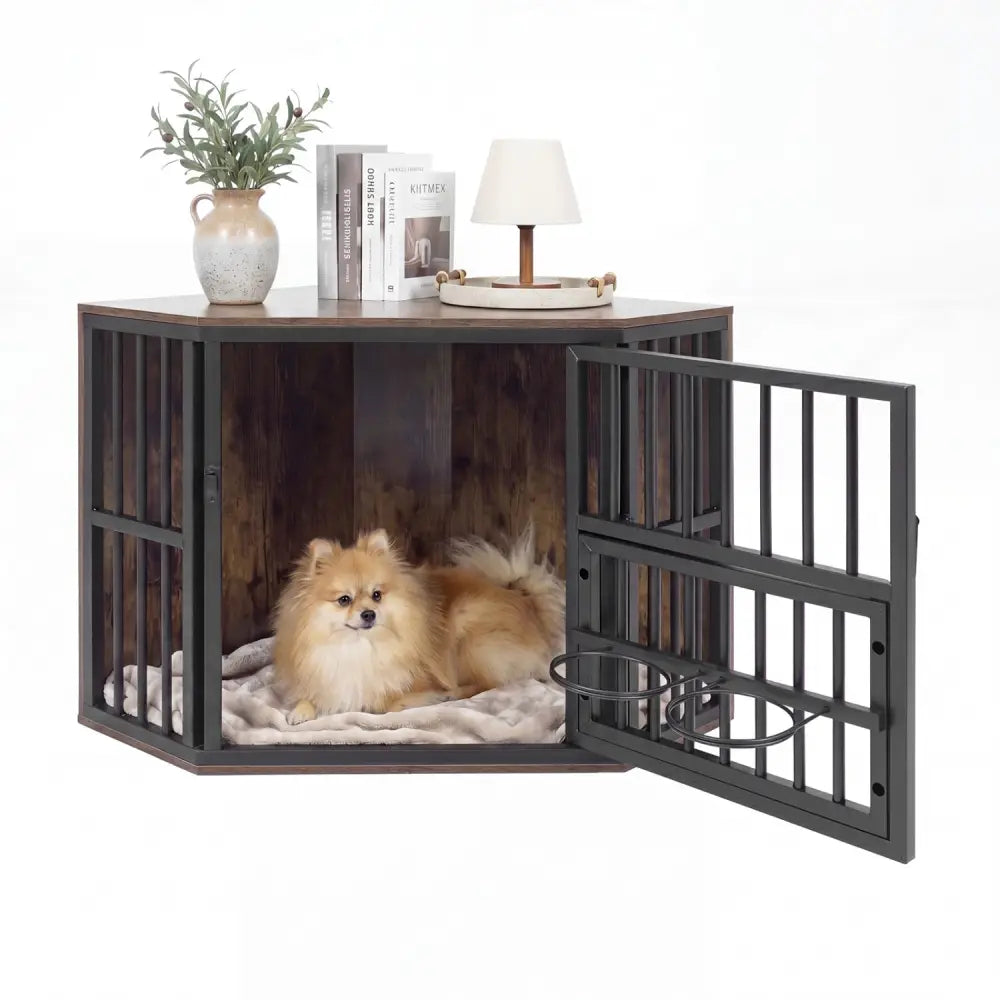 35.5 inches Wooden Dog Kennel End Table with 3-Position Dog Bowl Rack-Rustic Brown - Rustic Brown - Dog Kennels