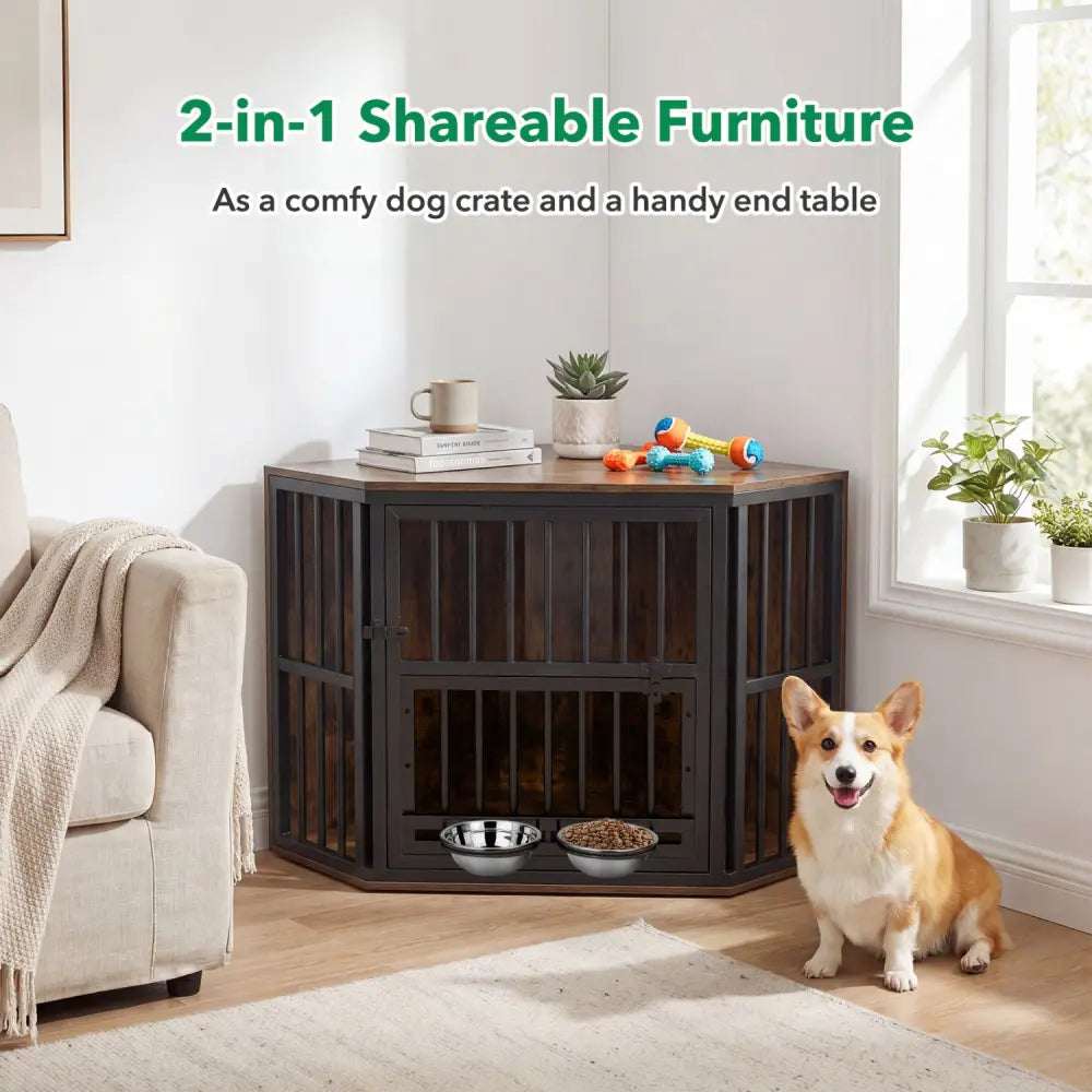 35.5 inches Wooden Dog Kennel End Table with 3-Position Dog Bowl Rack-Rustic Brown - Rustic Brown - Dog Kennels
