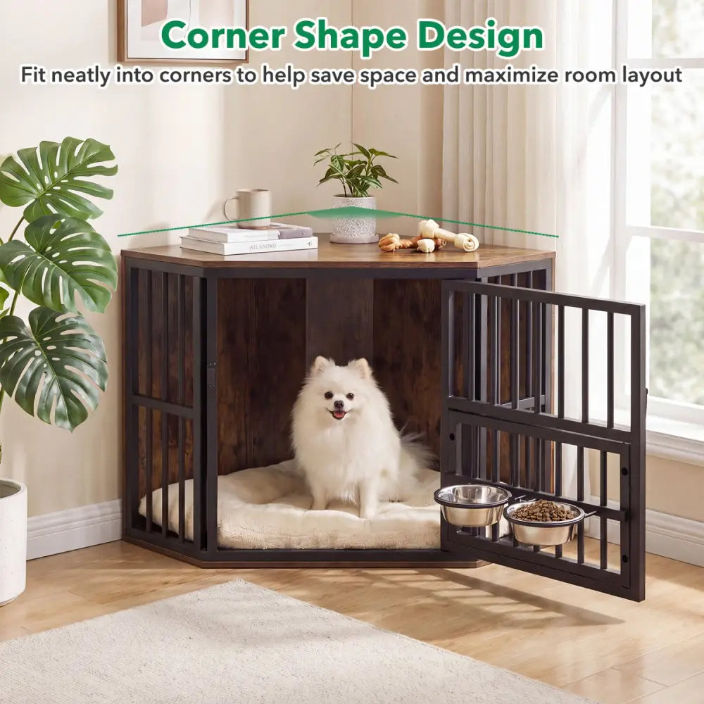 35.5 inches Wooden Dog Kennel End Table with 3-Position Dog Bowl Rack-Rustic Brown - Rustic Brown - Dog Kennels