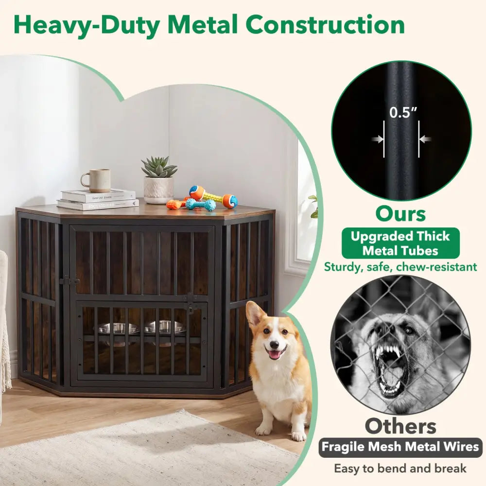 35.5 inches Wooden Dog Kennel End Table with 3-Position Dog Bowl Rack-Rustic Brown - Rustic Brown - Dog Kennels
