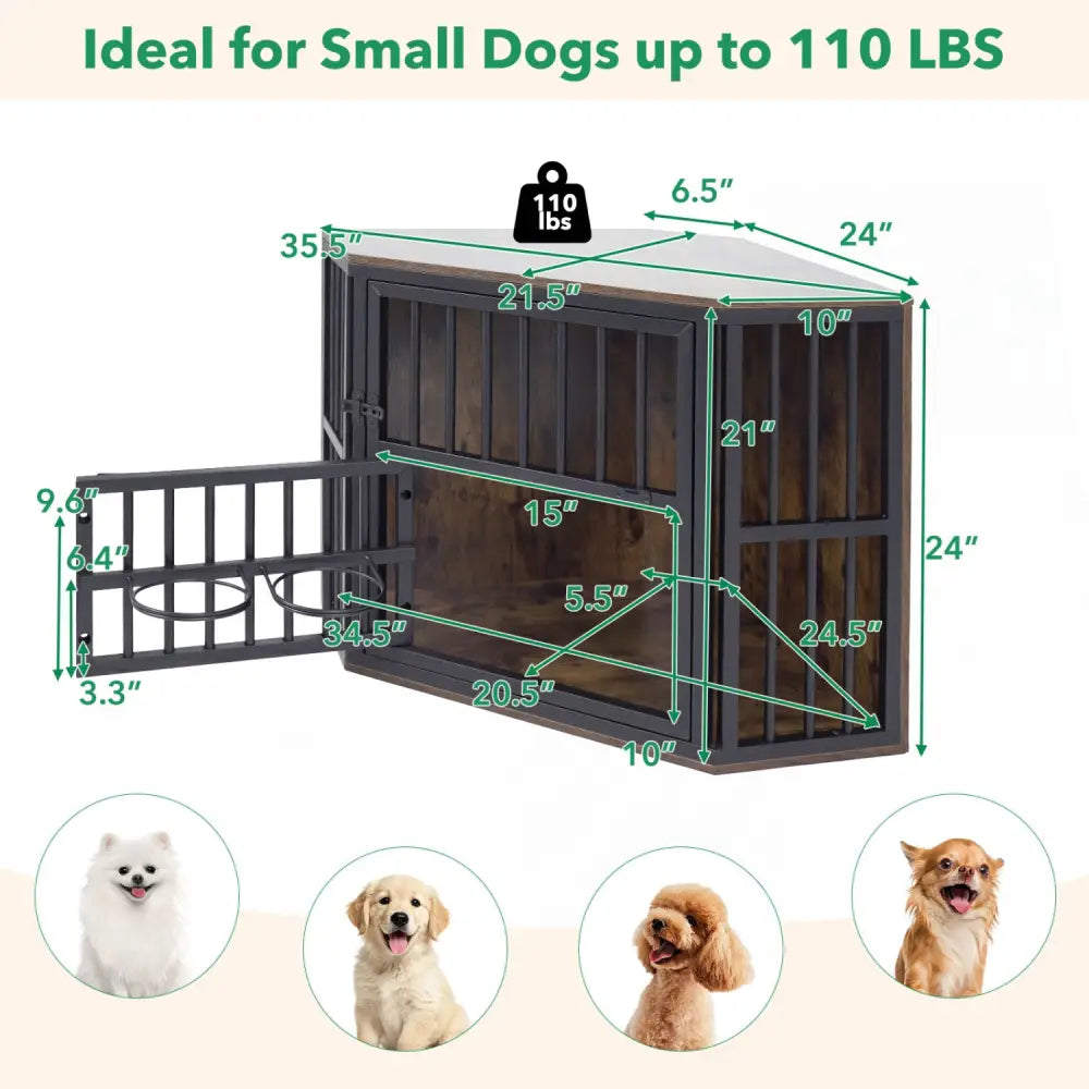 35.5 inches Wooden Dog Kennel End Table with 3-Position Dog Bowl Rack-Rustic Brown - Rustic Brown - Dog Kennels