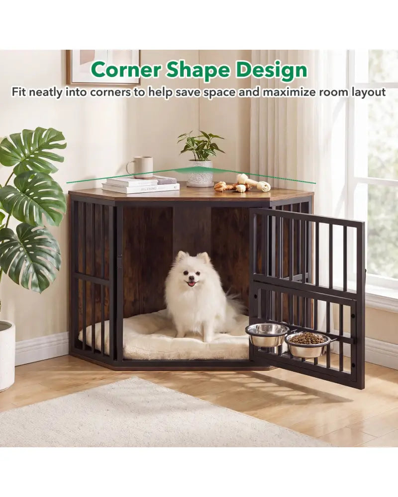 35.5 inches Wooden Dog Kennel End Table with 3-Position Dog Bowl Rack-Rustic Brown - Rustic Brown - Dog Kennels
