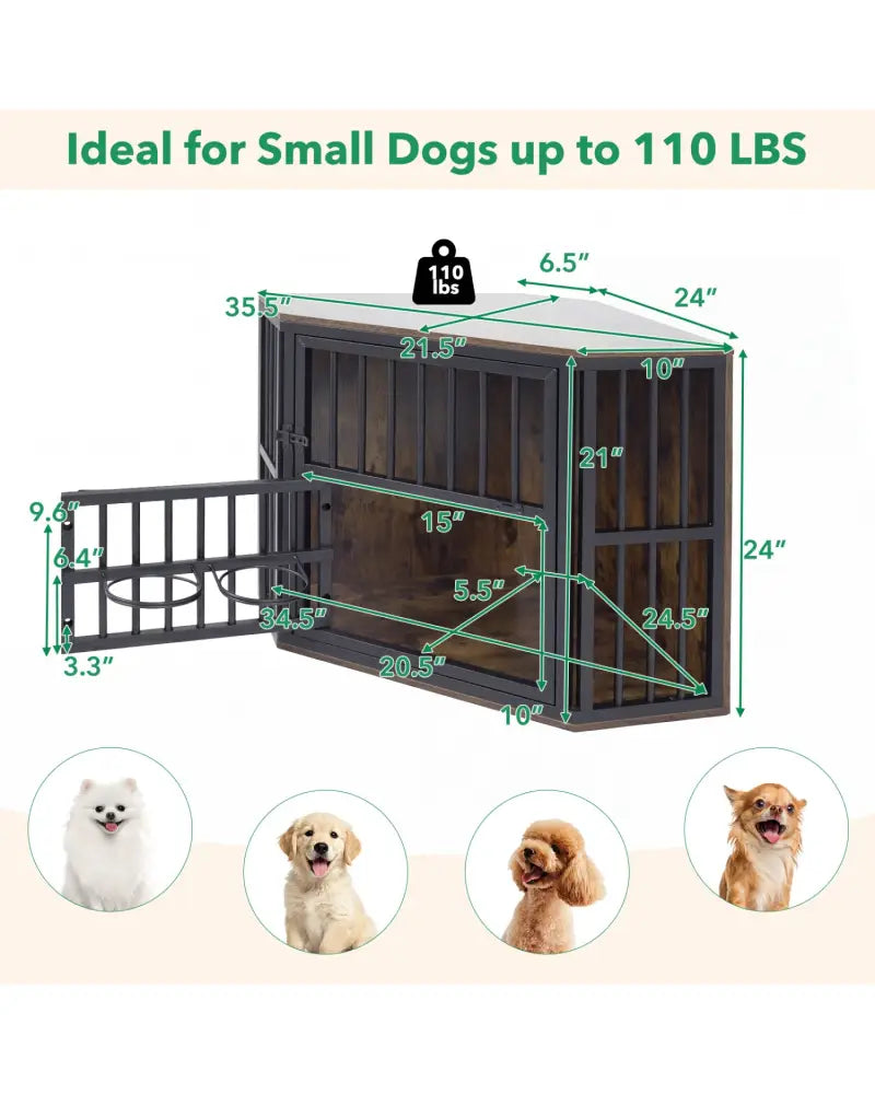 35.5 inches Wooden Dog Kennel End Table with 3-Position Dog Bowl Rack-Rustic Brown - Rustic Brown - Dog Kennels