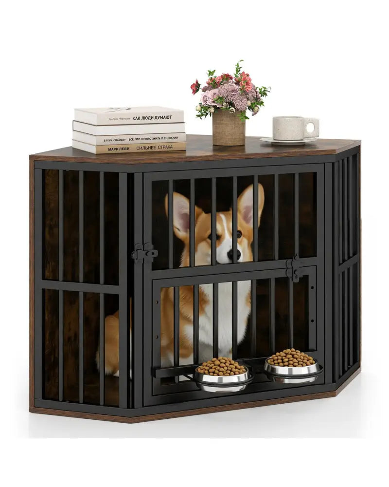 35.5 inches Wooden Dog Kennel End Table with 3-Position Dog Bowl Rack-Rustic Brown - Rustic Brown - Dog Kennels