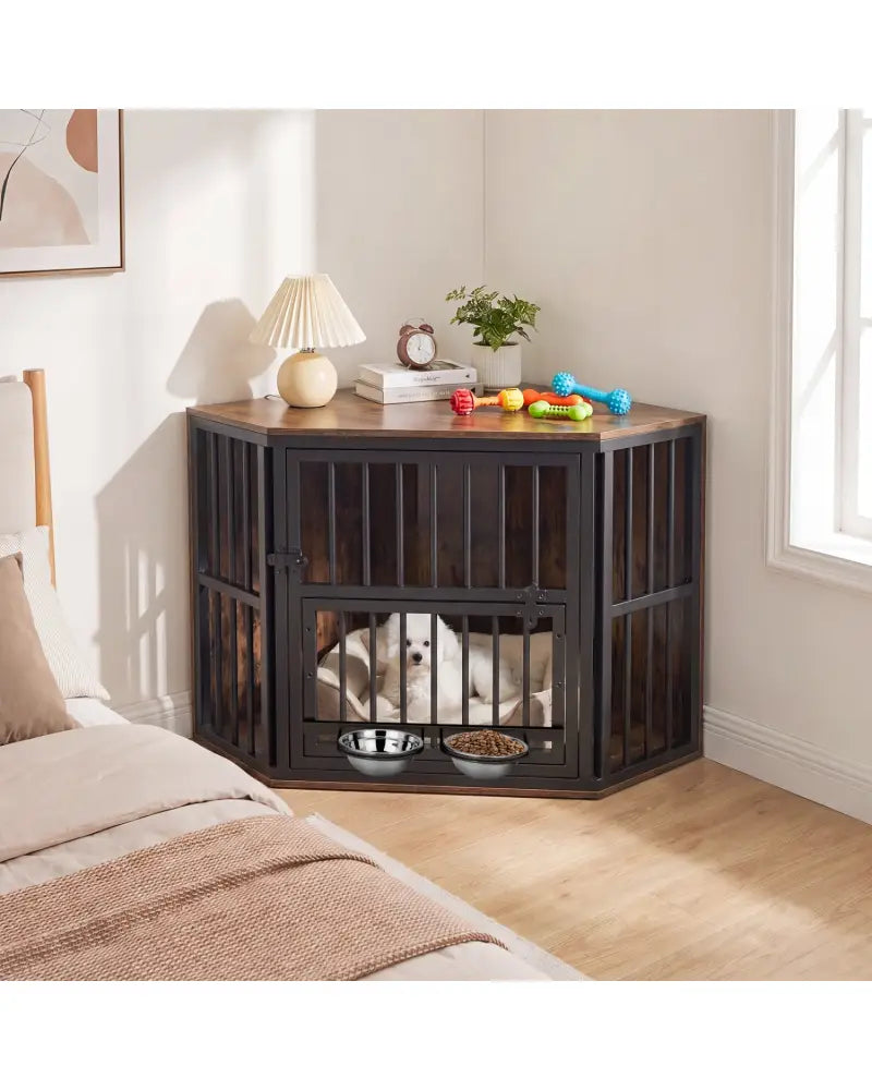 35.5 inches Wooden Dog Kennel End Table with 3-Position Dog Bowl Rack-Rustic Brown - Rustic Brown - Dog Kennels