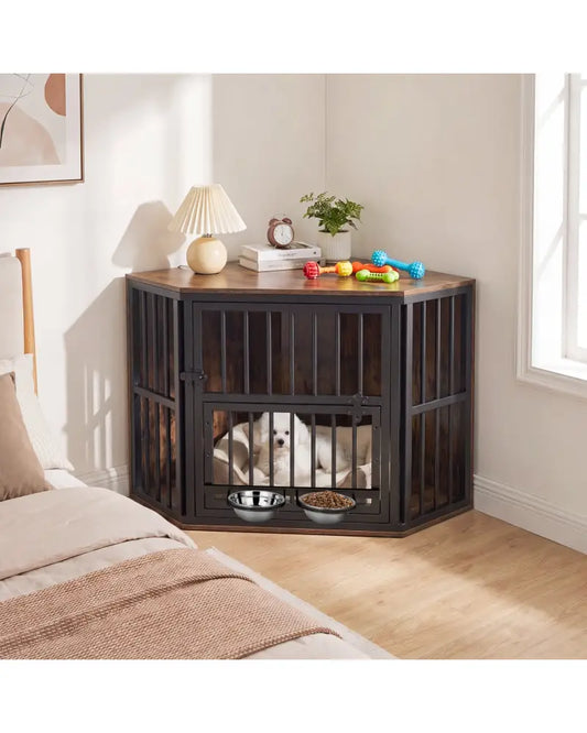35.5 inches Wooden Dog Kennel End Table with 3-Position Dog Bowl Rack-Rustic Brown - Rustic Brown - Dog Kennels