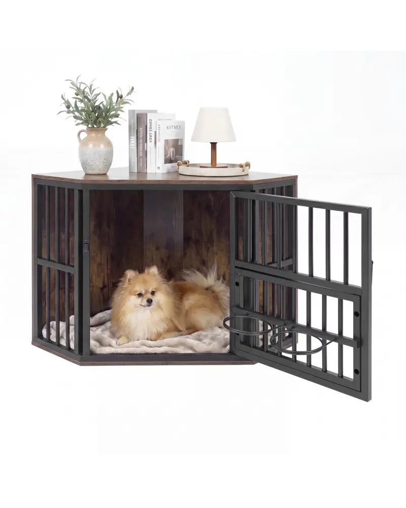 35.5 inches Wooden Dog Kennel End Table with 3-Position Dog Bowl Rack-Rustic Brown - Rustic Brown - Dog Kennels