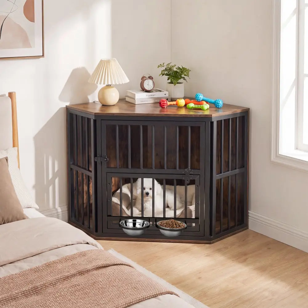 35.5 inches Wooden Dog Kennel End Table with 3-Position Dog Bowl Rack-Rustic Brown - Rustic Brown - Dog Kennels
