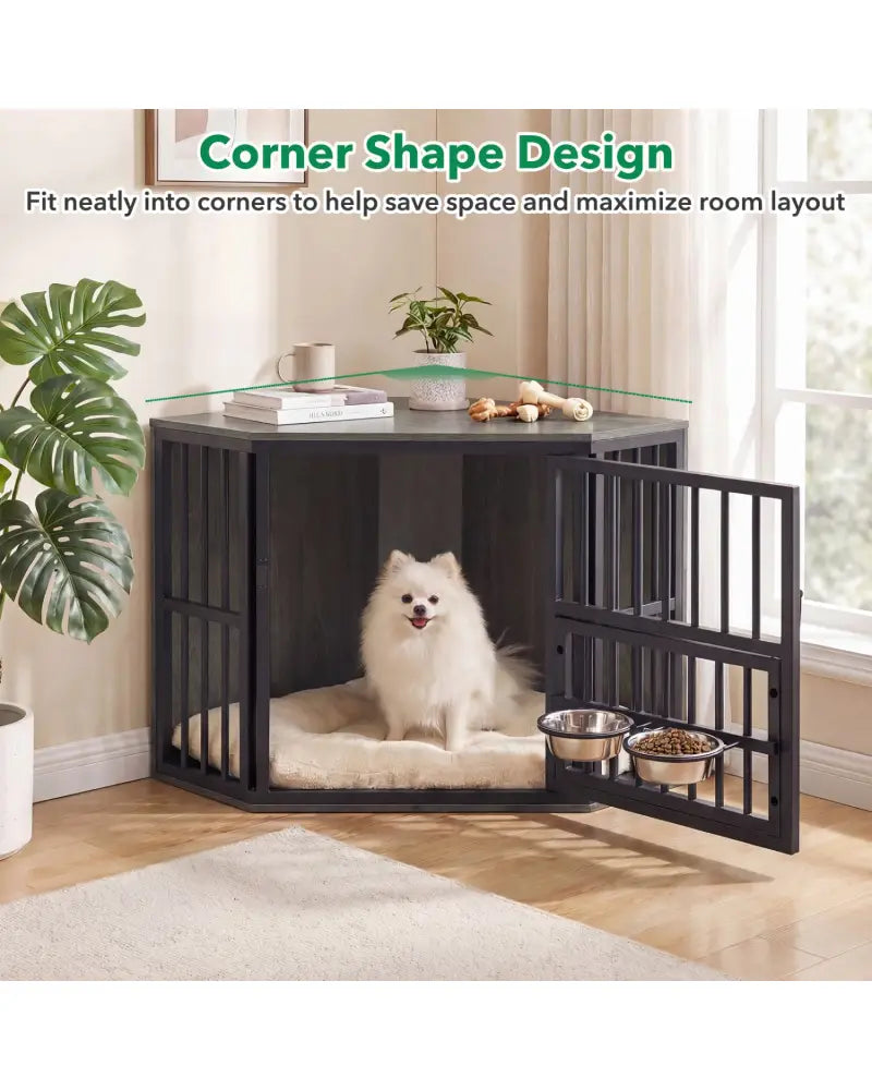 35.5 inches Wooden Dog Kennel End Table with 3-Position Dog Bowl Rack-Oak - Oak - Dog Kennels