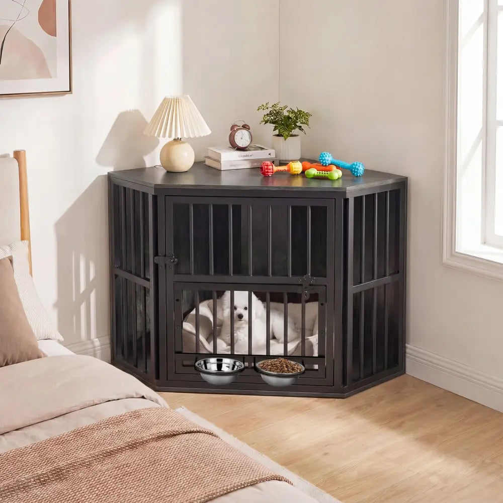 35.5 inches Wooden Dog Kennel End Table with 3-Position Dog Bowl Rack-Oak - Oak - Dog Kennels
