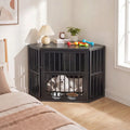 35.5 inches Wooden Dog Kennel End Table with 3-Position Dog Bowl Rack-Oak - Oak - Dog Kennels