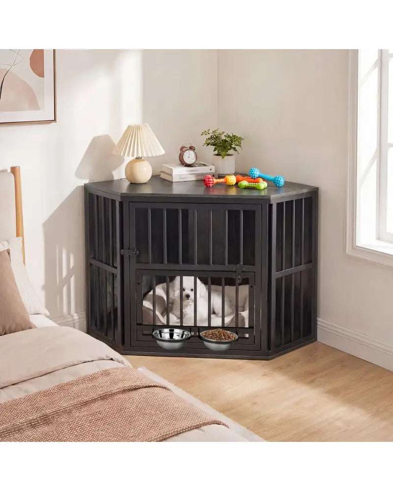35.5 inches Wooden Dog Kennel End Table with 3-Position Dog Bowl Rack-Oak - Oak - Dog Kennels
