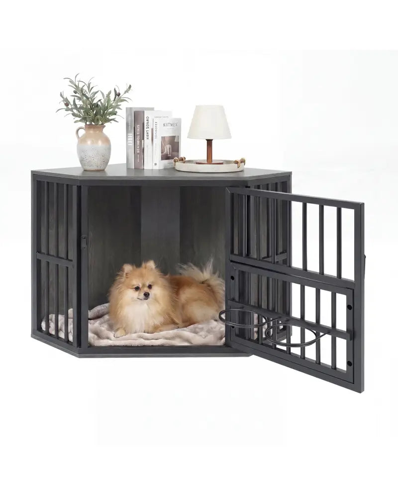 35.5 inches Wooden Dog Kennel End Table with 3-Position Dog Bowl Rack-Oak - Oak - Dog Kennels