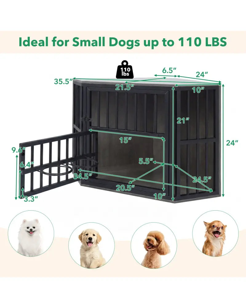 35.5 inches Wooden Dog Kennel End Table with 3-Position Dog Bowl Rack-Oak - Oak - Dog Kennels