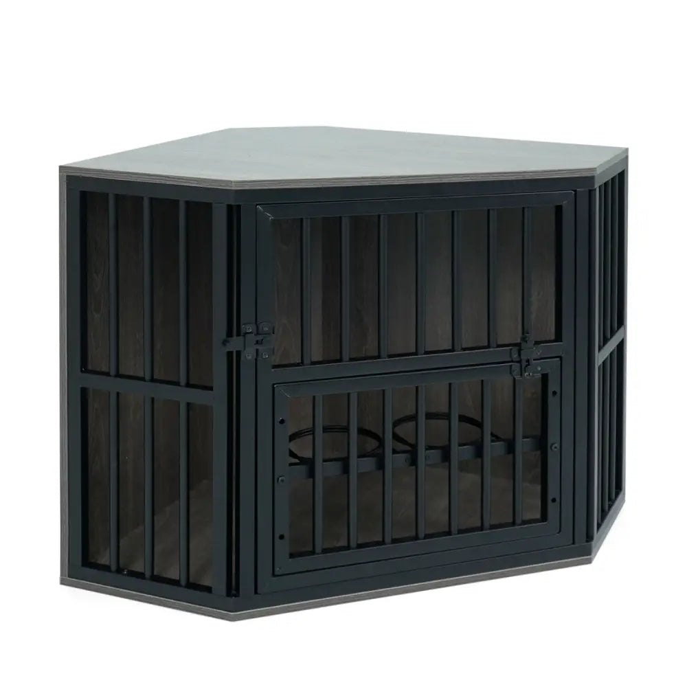 35.5 inches Wooden Dog Kennel End Table with 3-Position Dog Bowl Rack-Oak - Oak - Dog Kennels