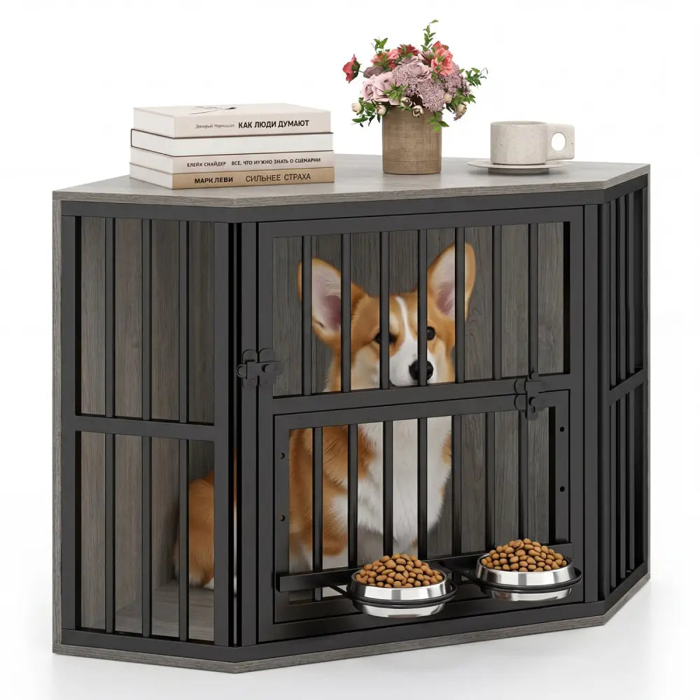 35.5 inches Wooden Dog Kennel End Table with 3-Position Dog Bowl Rack-Oak - Oak - Dog Kennels