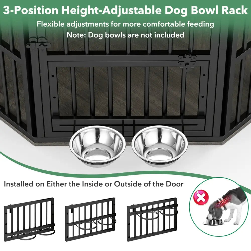 35.5 inches Wooden Dog Kennel End Table with 3-Position Dog Bowl Rack-Oak - Oak - Dog Kennels