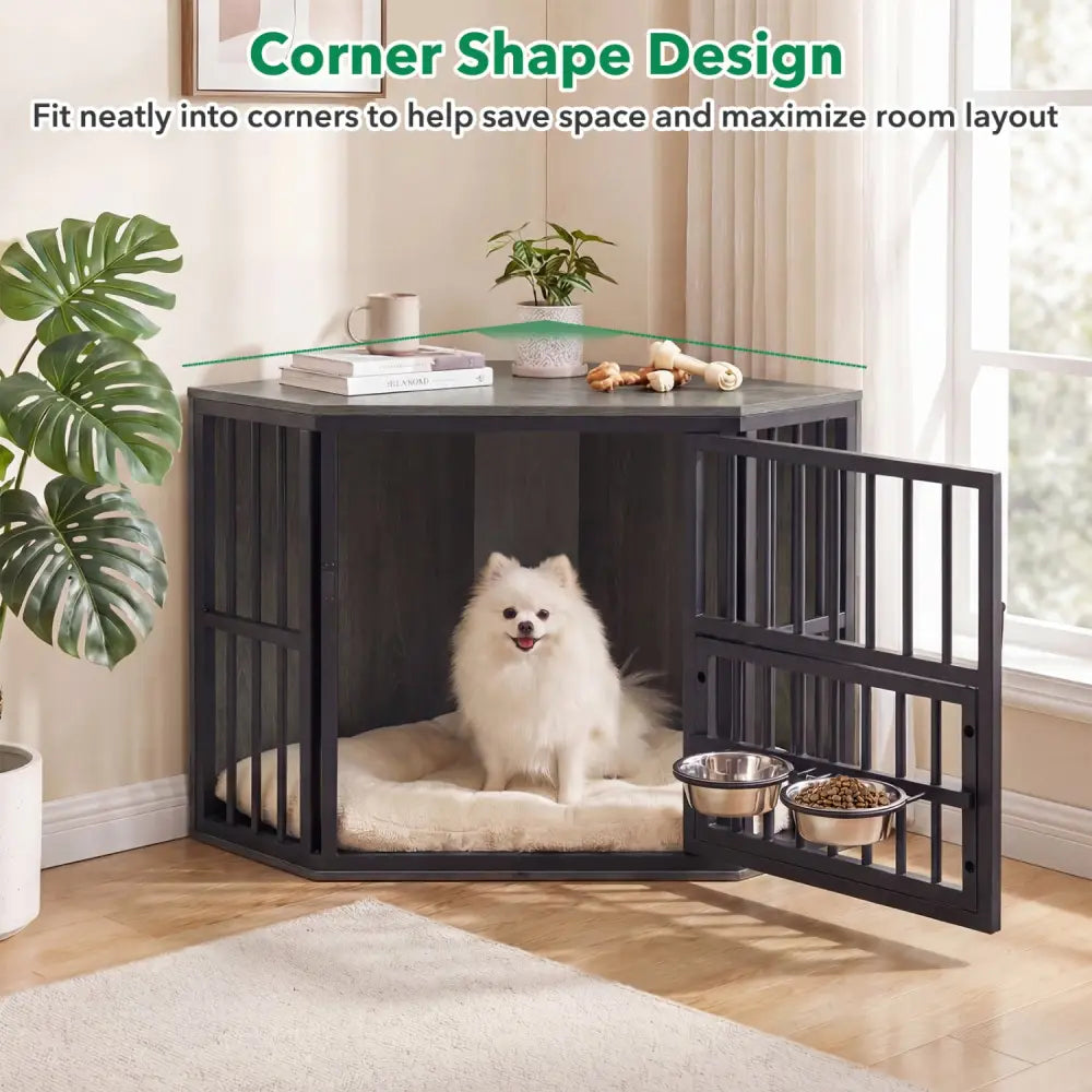 35.5 inches Wooden Dog Kennel End Table with 3-Position Dog Bowl Rack-Oak - Oak - Dog Kennels