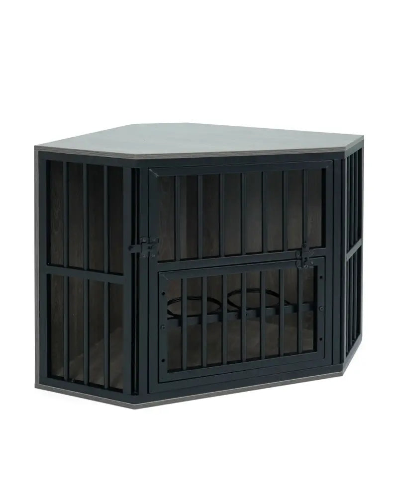 35.5 inches Wooden Dog Kennel End Table with 3-Position Dog Bowl Rack-Oak - Oak - Dog Kennels