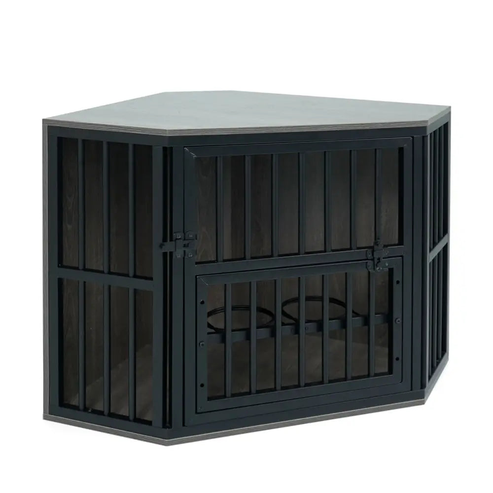 35.5 inches Wooden Dog Kennel End Table with 3-Position Dog Bowl Rack-Oak - Oak - Dog Kennels