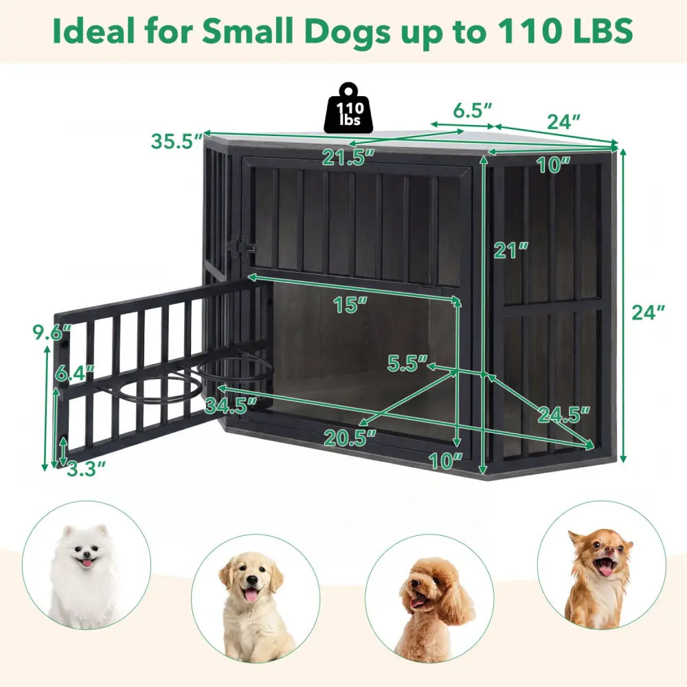 35.5 inches Wooden Dog Kennel End Table with 3-Position Dog Bowl Rack-Oak - Oak - Dog Kennels