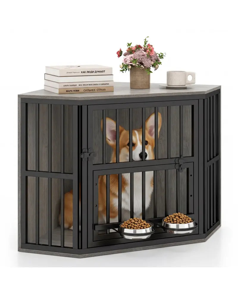 35.5 inches Wooden Dog Kennel End Table with 3-Position Dog Bowl Rack-Oak - Oak - Dog Kennels