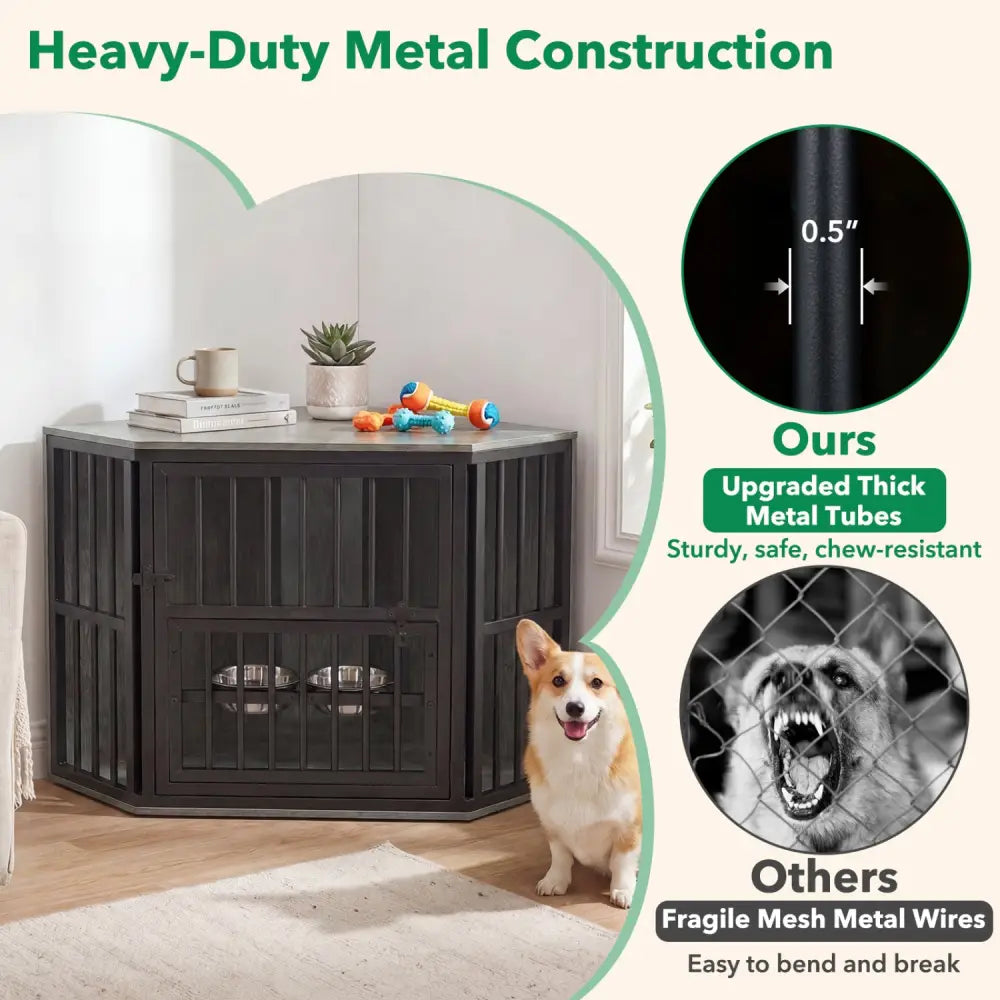 35.5 inches Wooden Dog Kennel End Table with 3-Position Dog Bowl Rack-Oak - Oak - Dog Kennels