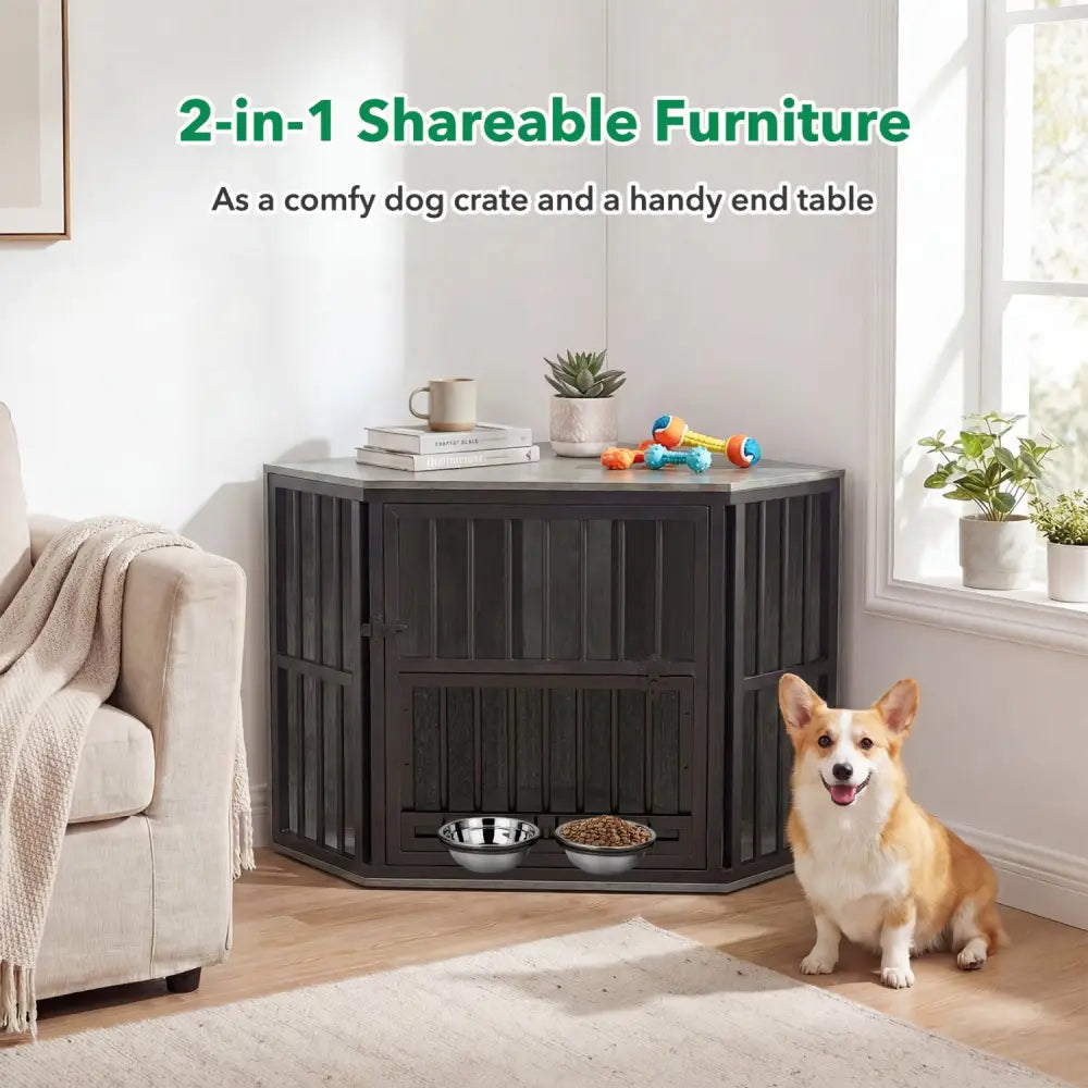 35.5 inches Wooden Dog Kennel End Table with 3-Position Dog Bowl Rack-Oak - Oak - Dog Kennels