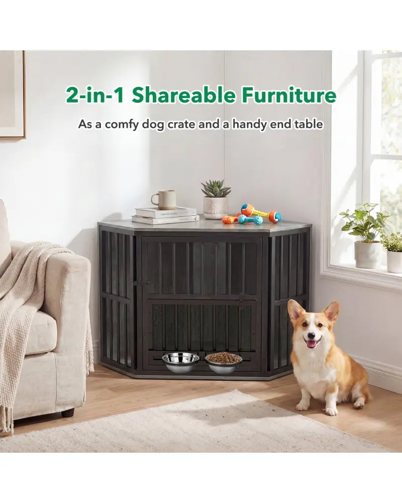35.5 inches Wooden Dog Kennel End Table with 3-Position Dog Bowl Rack-Oak - Oak - Dog Kennels