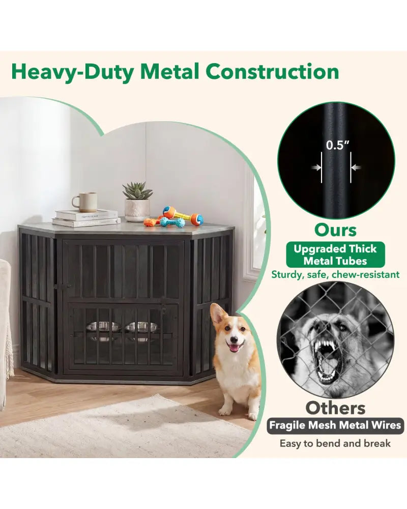 35.5 inches Wooden Dog Kennel End Table with 3-Position Dog Bowl Rack-Oak - Oak - Dog Kennels