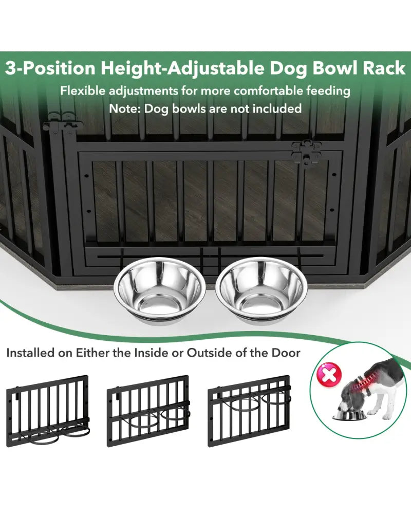 35.5 inches Wooden Dog Kennel End Table with 3-Position Dog Bowl Rack-Oak - Oak - Dog Kennels