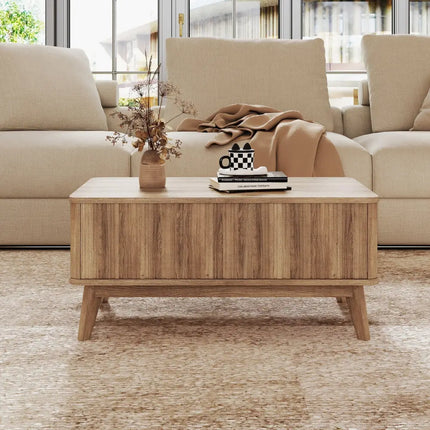 35.5" Rectangle Wooden Fluted Lift Top Coffee Table-Walnut Costway