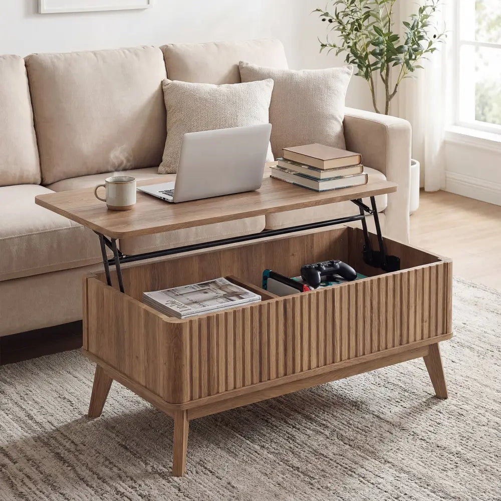 35.5’’ Rectangle Wooden Fluted Lift Top Coffee Table-Walnut - Walnut - Coffee Tables