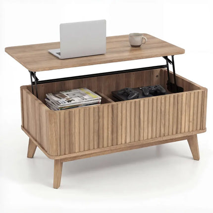 35.5" Rectangle Wooden Fluted Lift Top Coffee Table-Walnut Costway