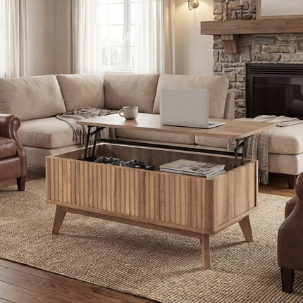 35.5" Rectangle Wooden Fluted Lift Top Coffee Table-Walnut Costway