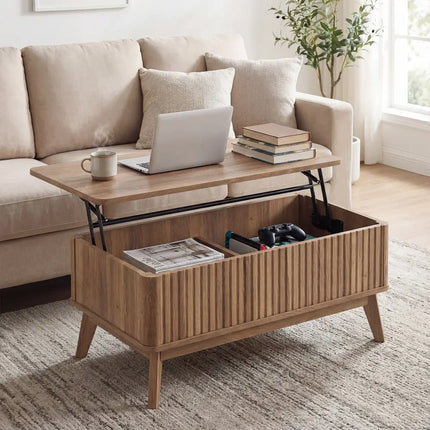 35.5" Rectangle Wooden Fluted Lift Top Coffee Table-Walnut Costway