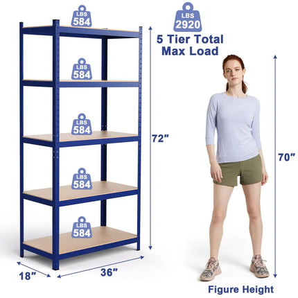 35.5 x 71 Inch Adjustable 5-Layer 2000 lbs Capacity Tool Shelf-Blue - Blue - Garages