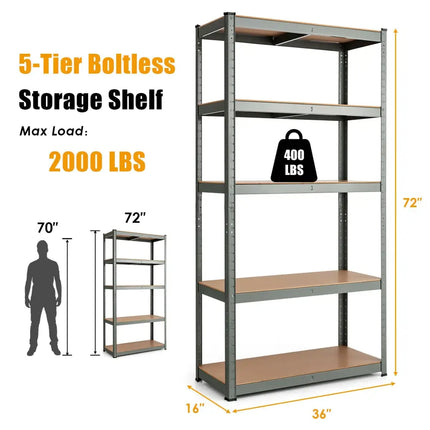35.5 x 71 Inch Adjustable 5-Layer 2000 lbs Capacity Tool Shelf -Gray - Gray - Garages