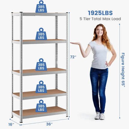 35.5 x 71 Inch Adjustable 5-Layer 2000 lbs Capacity Tool Shelf-Silver - Silver - Garages