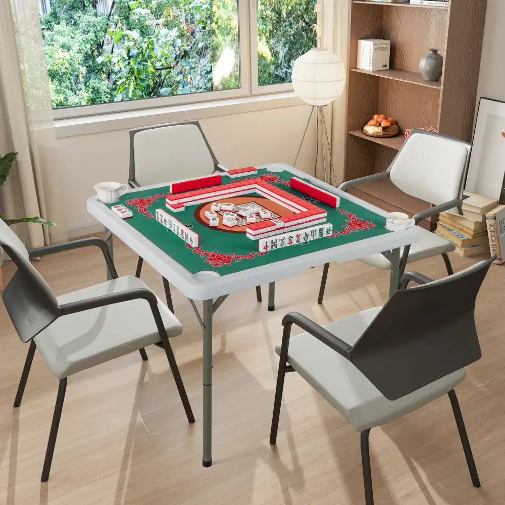 35 Inch 4 Player Game Card Folding Mahjong Table with Cup Holders-Light Green - Light Green - Game Room