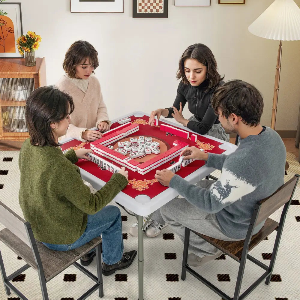 35 Inch 4 Player Game Card Folding Mahjong Table with Cup Holders-Red - Red - Game Room