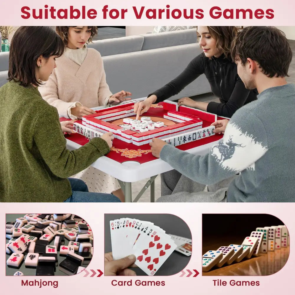 35 Inch 4 Player Game Card Folding Mahjong Table with Cup Holders-Red - Red - Game Room