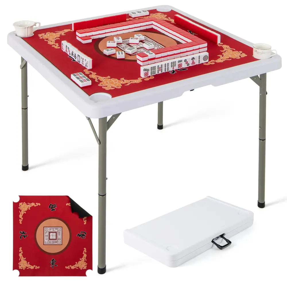 35 Inch 4 Player Game Card Folding Mahjong Table with Cup Holders-Red - Red - Game Room