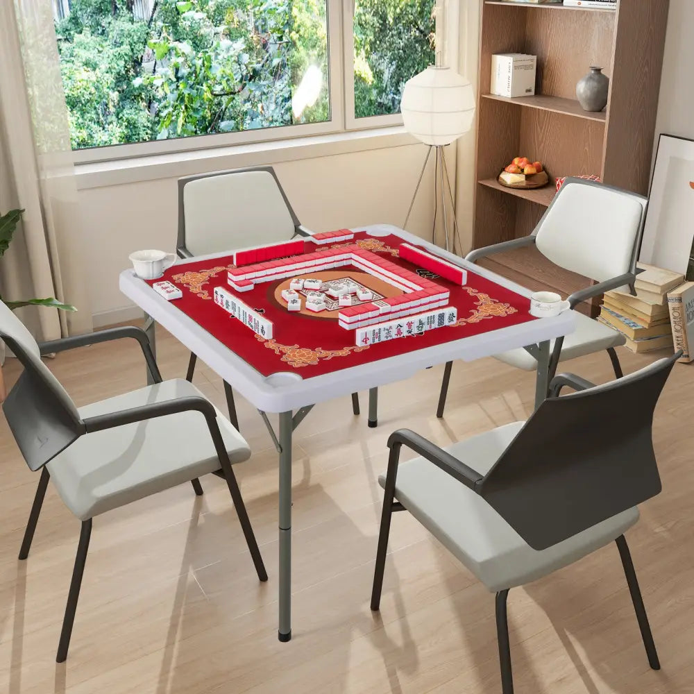 35 Inch 4 Player Game Card Folding Mahjong Table with Cup Holders-Red - Red - Game Room