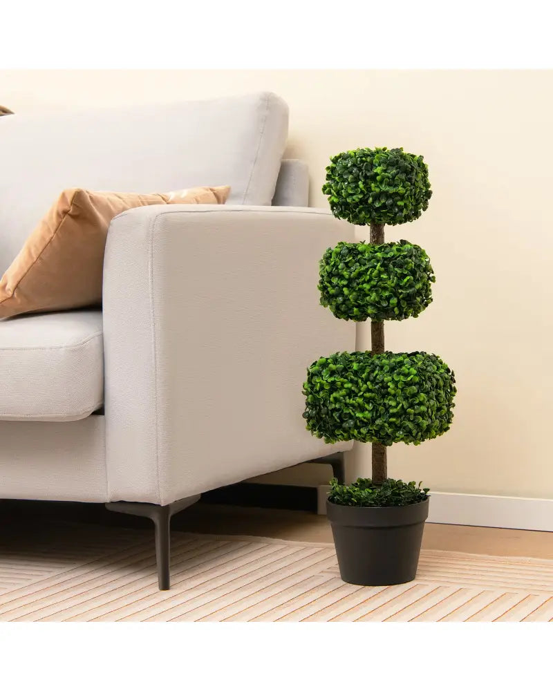 35 Inch Artificial Boxwood Topiary Ball Tree with Cement-filled Pot-Green - Green - Faux Plants
